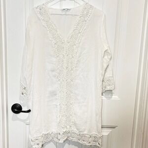 Blue Island White Tunic Cover up Mini Dress Large Cotton Crochet